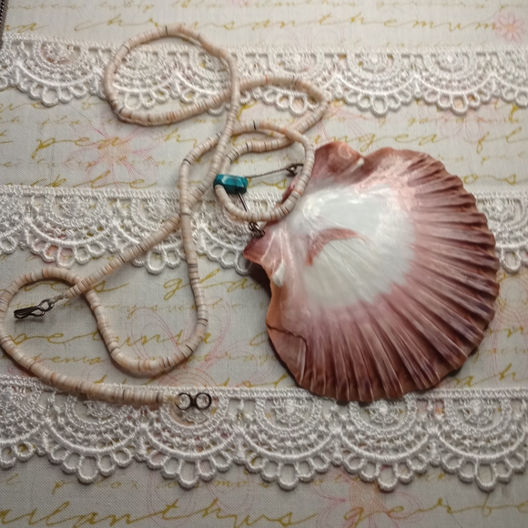 Antique Handcrafted Turquoise and Coral Shell Pendant Necklace - Picture 3 of 7